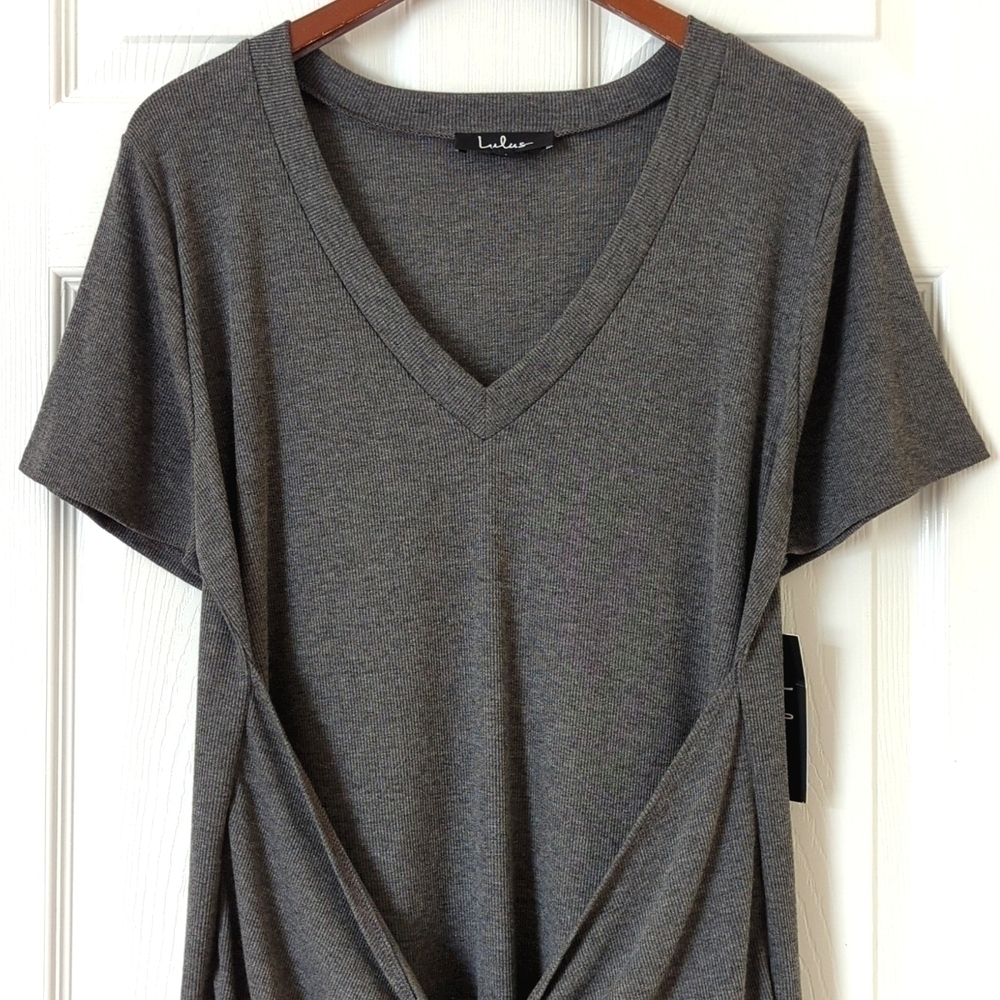 Lulus Live In Love Ribbed Knit V-neck Tie Knot Front Mini T-shirt Dress Gray M - Picture 2 of 13